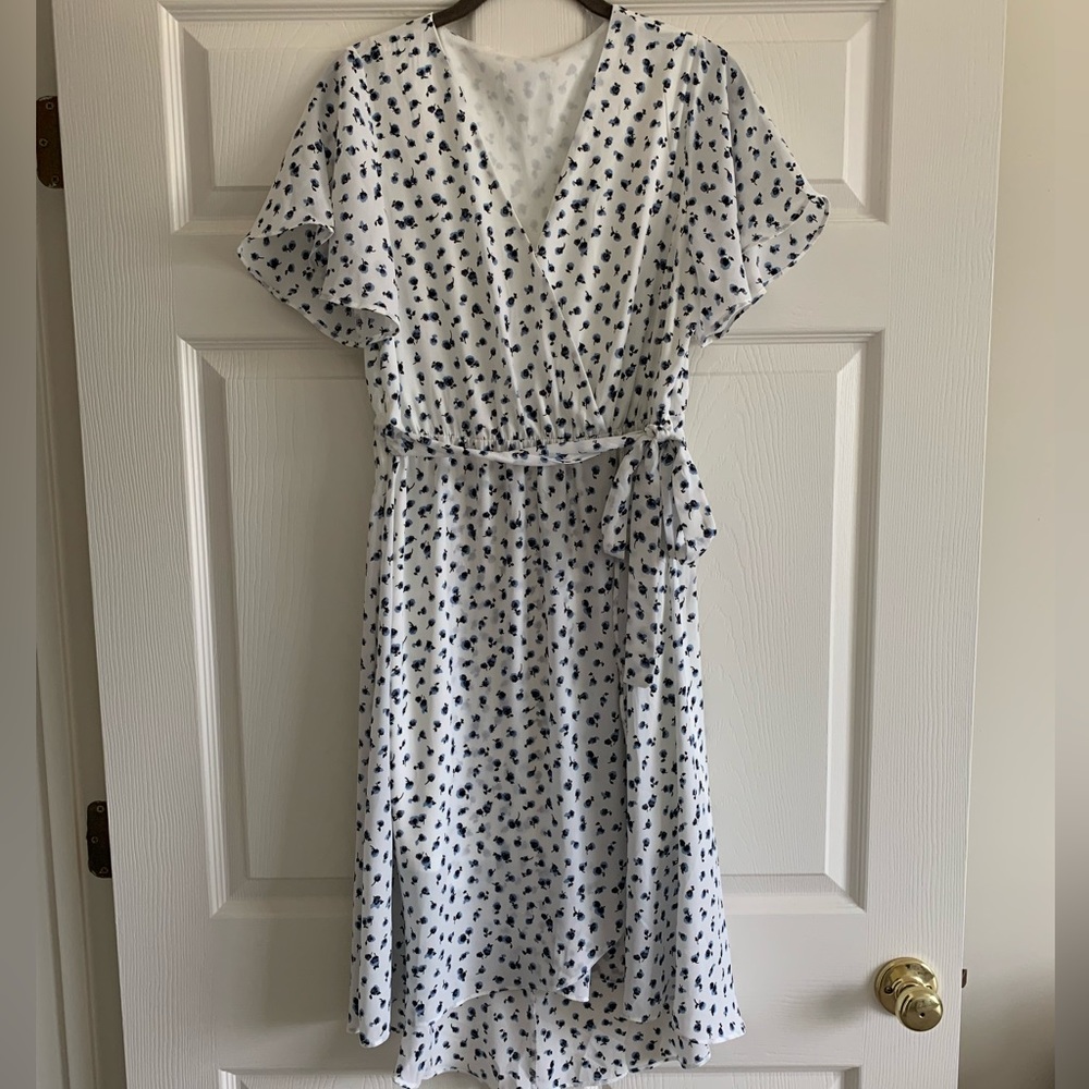 Floral Flutter Blue White Ditzy Flower Print High Low Tie Midi Dress Size 6